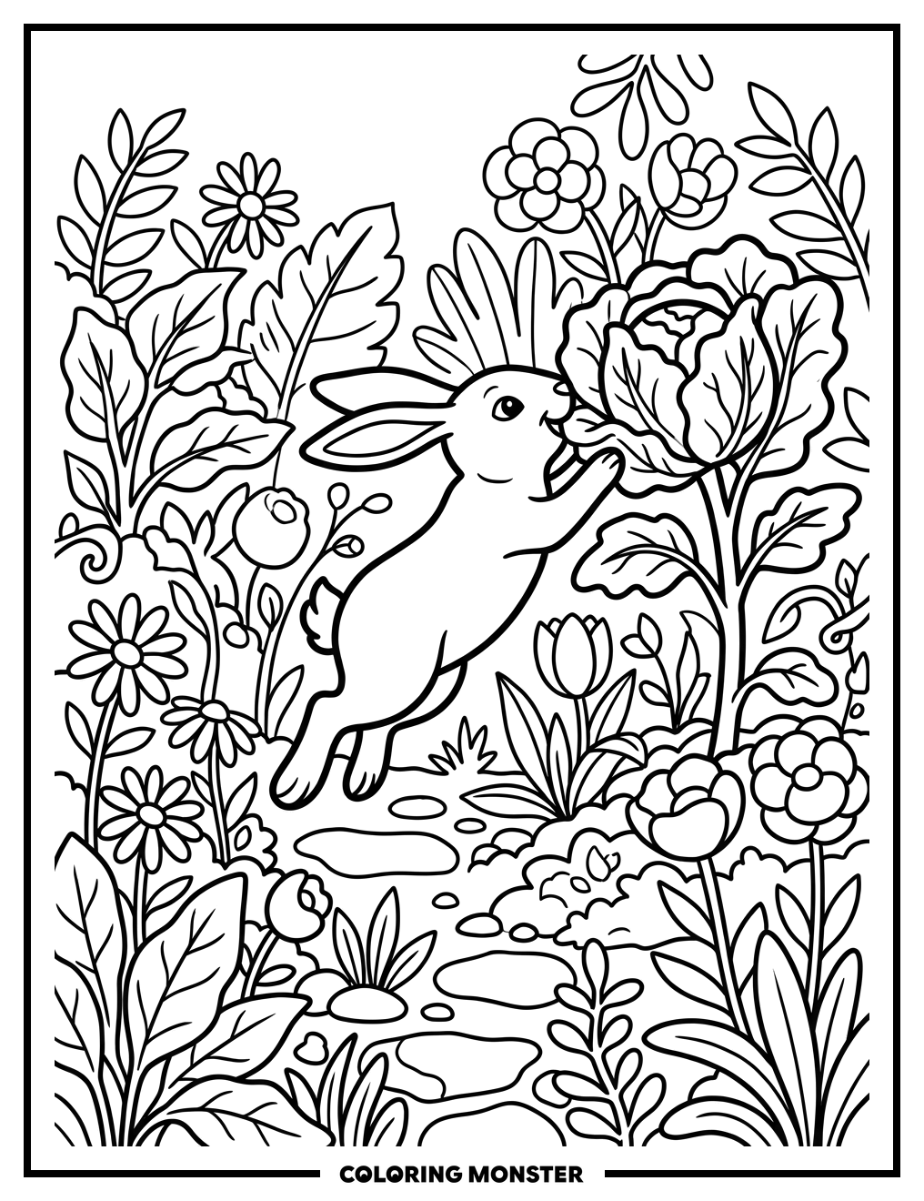 Rabbit Nibbling Greens In Garden Coloring Page
