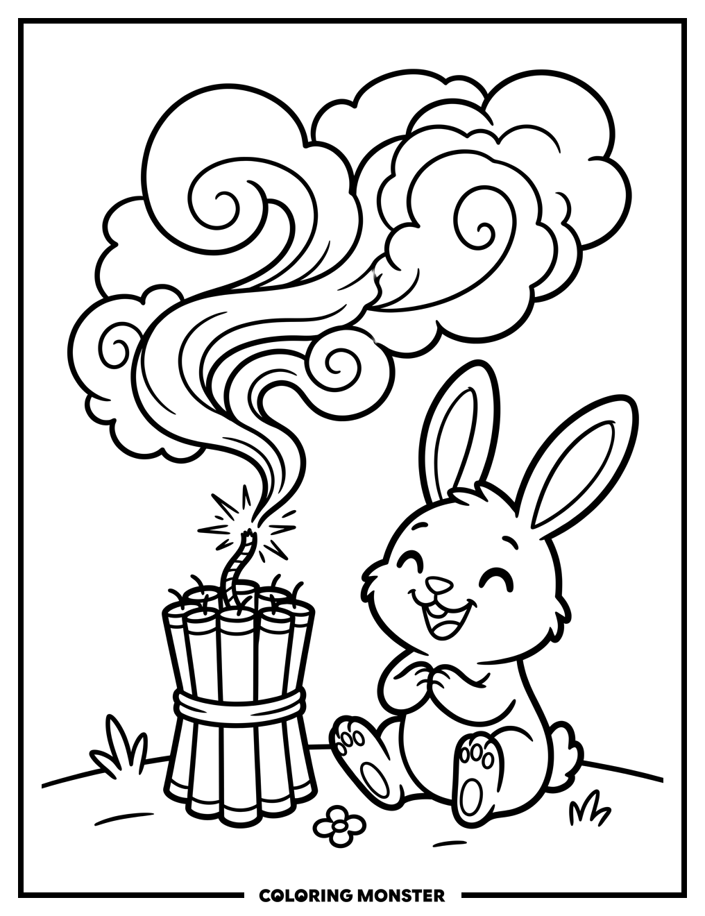 Rabbit With Firecrackers Coloring Page