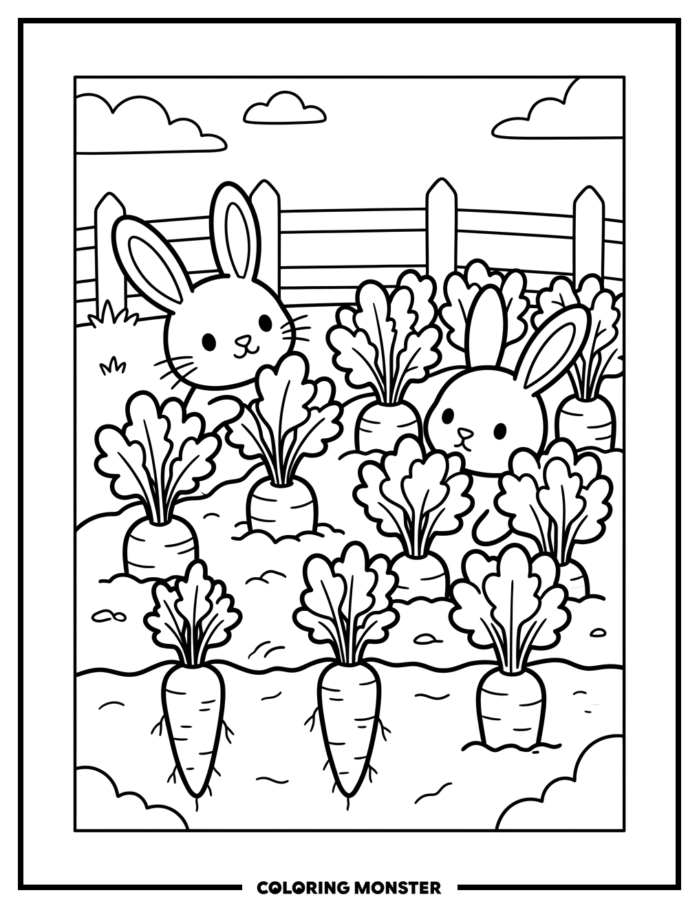 Rabbits and Carrots in Garden Coloring Page
