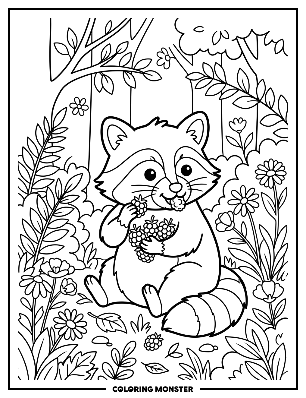 Raccoon Eating Berries Coloring Page