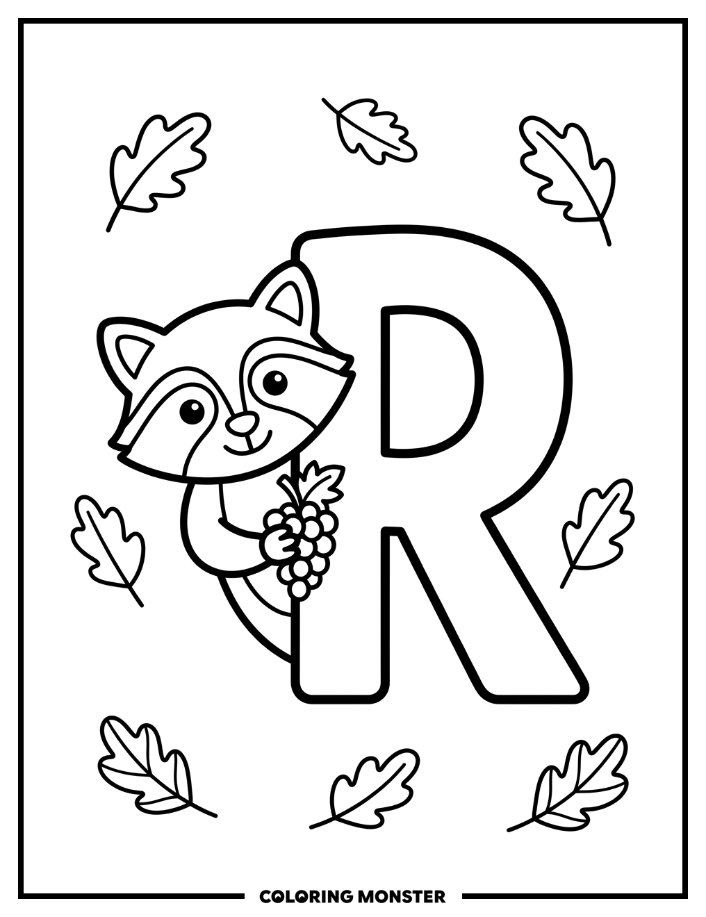 Raccoon Peeking Behind Letter R Coloring Page