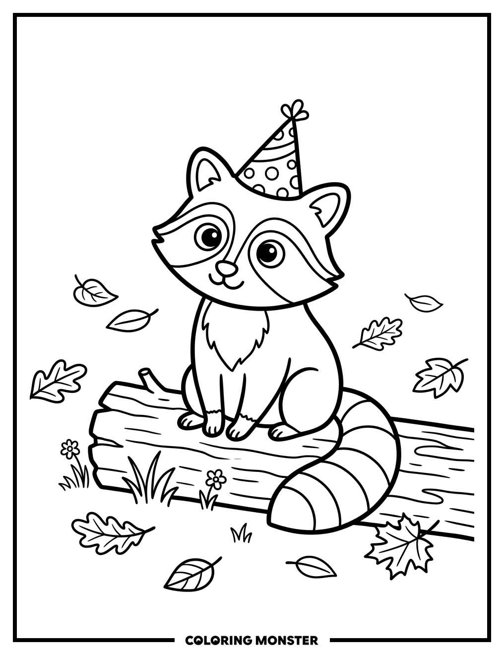 Raccoon Wearing a Party Hat Coloring Page