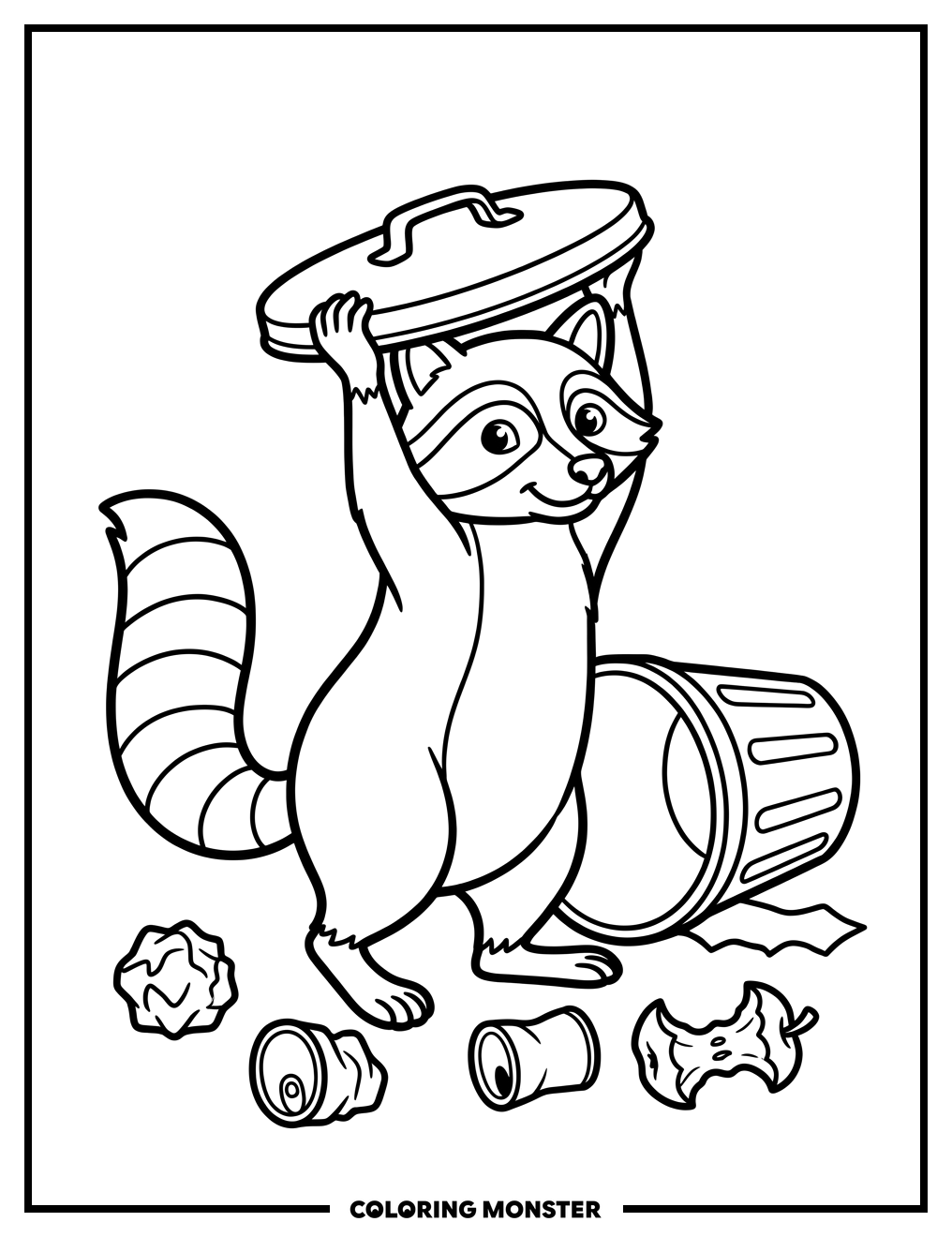 Raccoon With Trash Can Lid Coloring Page