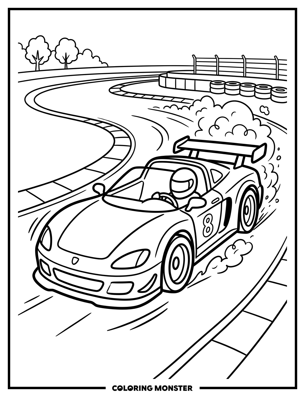 Race Car Speeding Around Bend Coloring Page