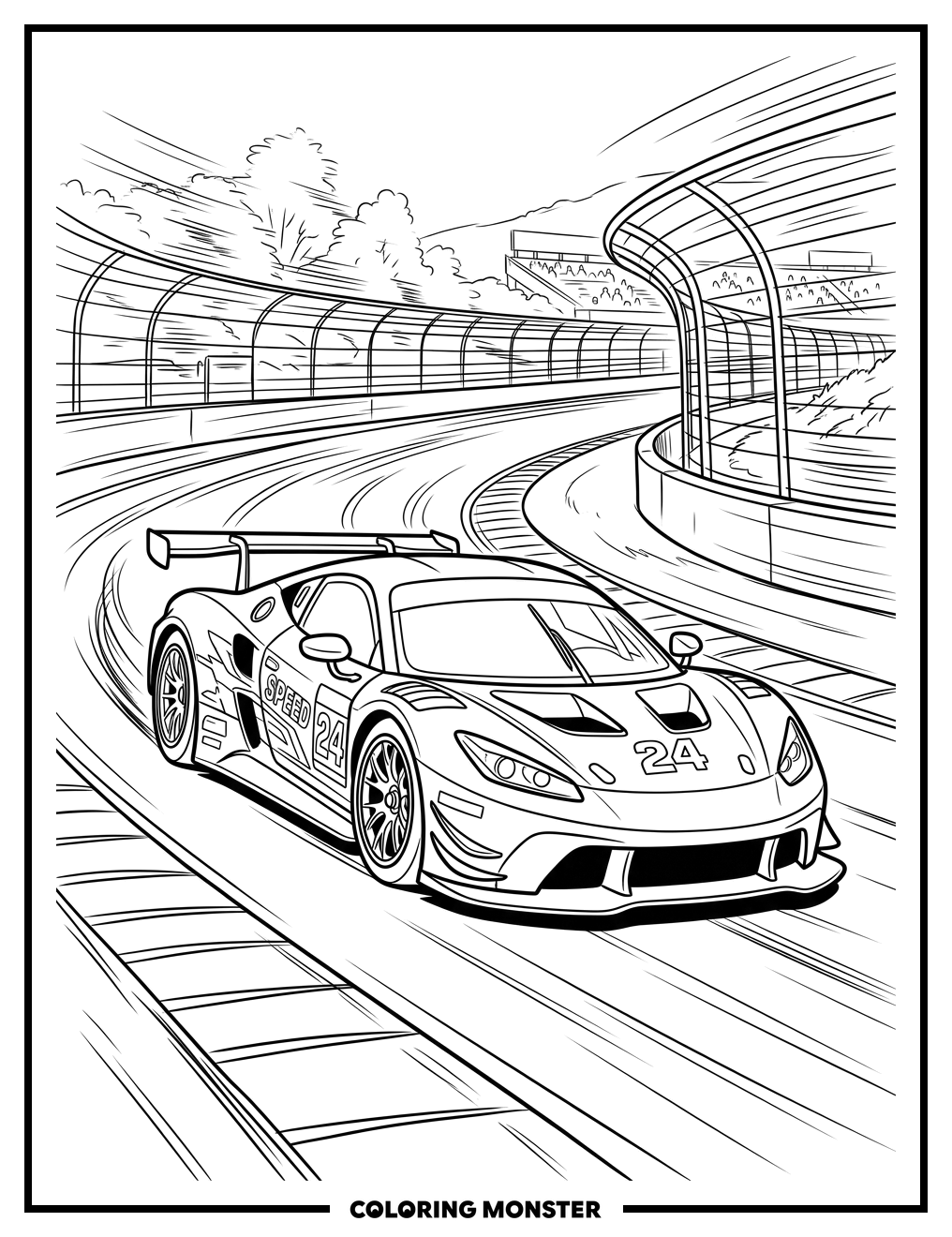 Race Car Speeding Around Track Coloring Page