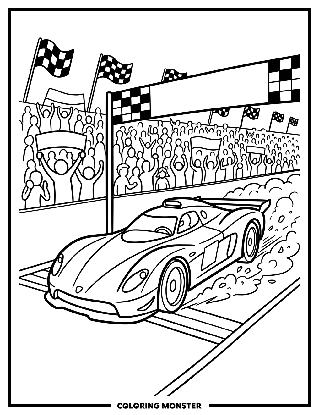 Race Car Speeds Across Finish Line Coloring Page