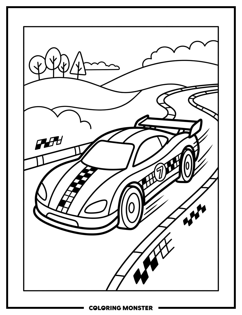 Race Car Speeds Down Track Coloring Page
