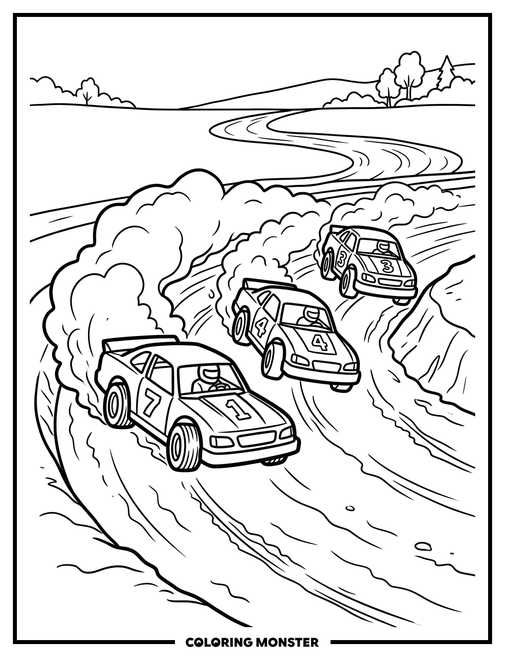 Race Cars on a Dirt Track Coloring Page