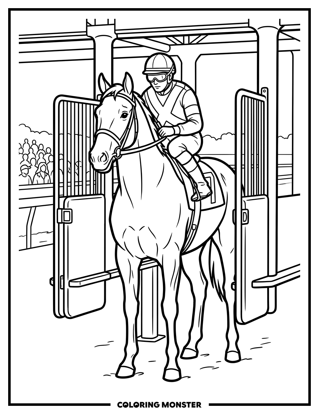 Racehorse and Jockey at Starting Gate Coloring Page