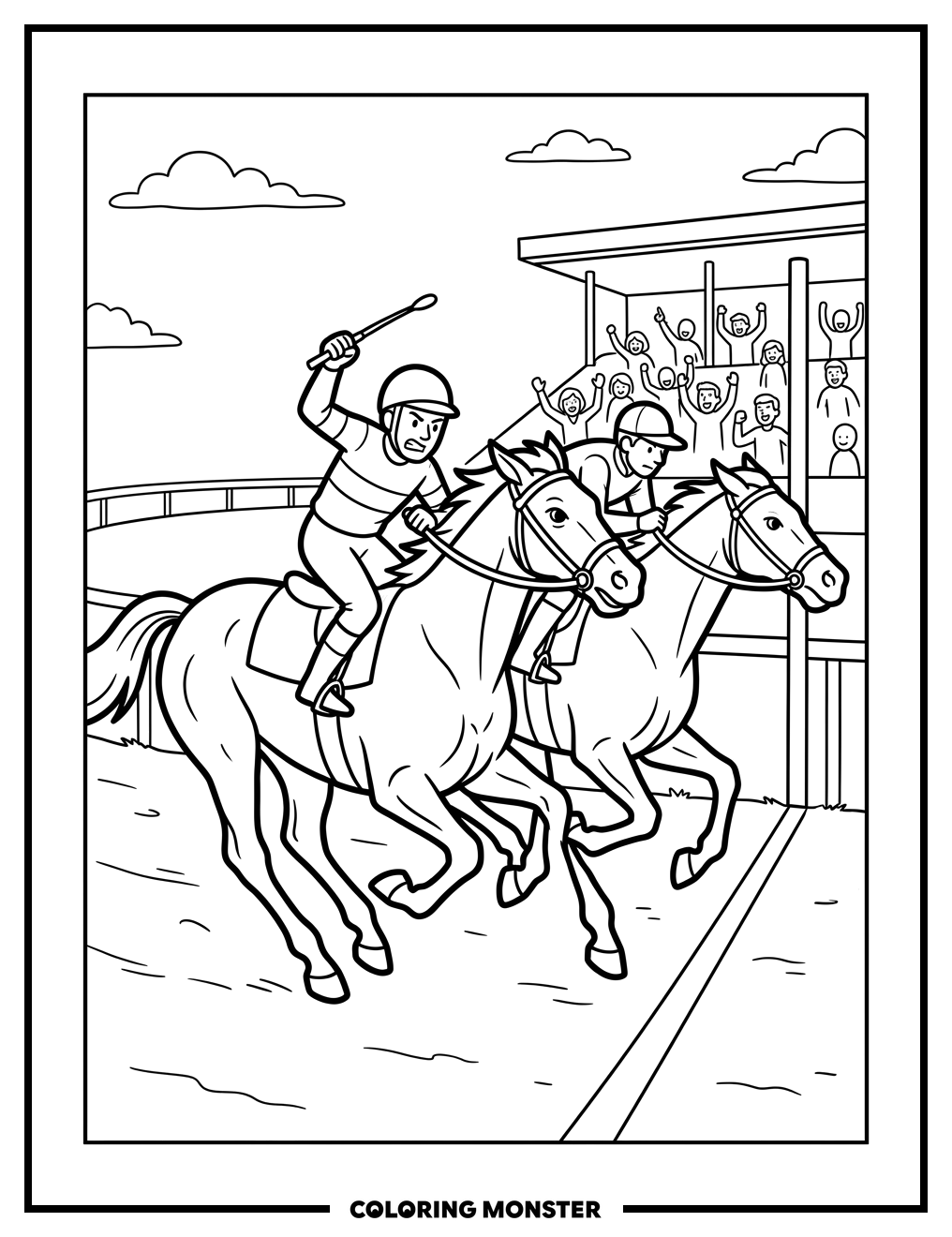Racehorses Crossing the Finish Line Coloring Page