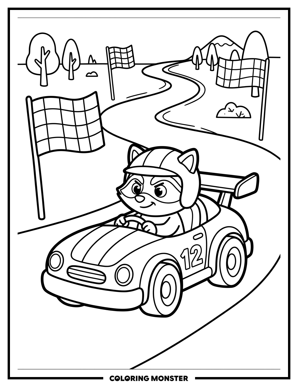 Racoon Driving a Race Car Coloring Page