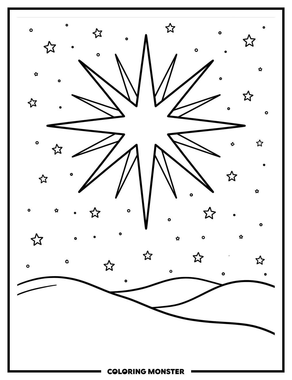 Radiant Star Over Rolling Hills Coloring Page