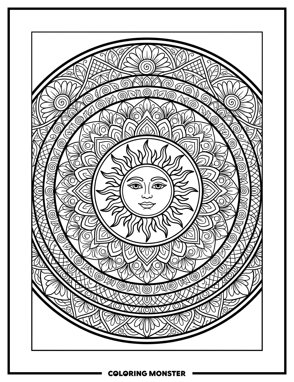 Radiant Sun Mandala Coloring Page