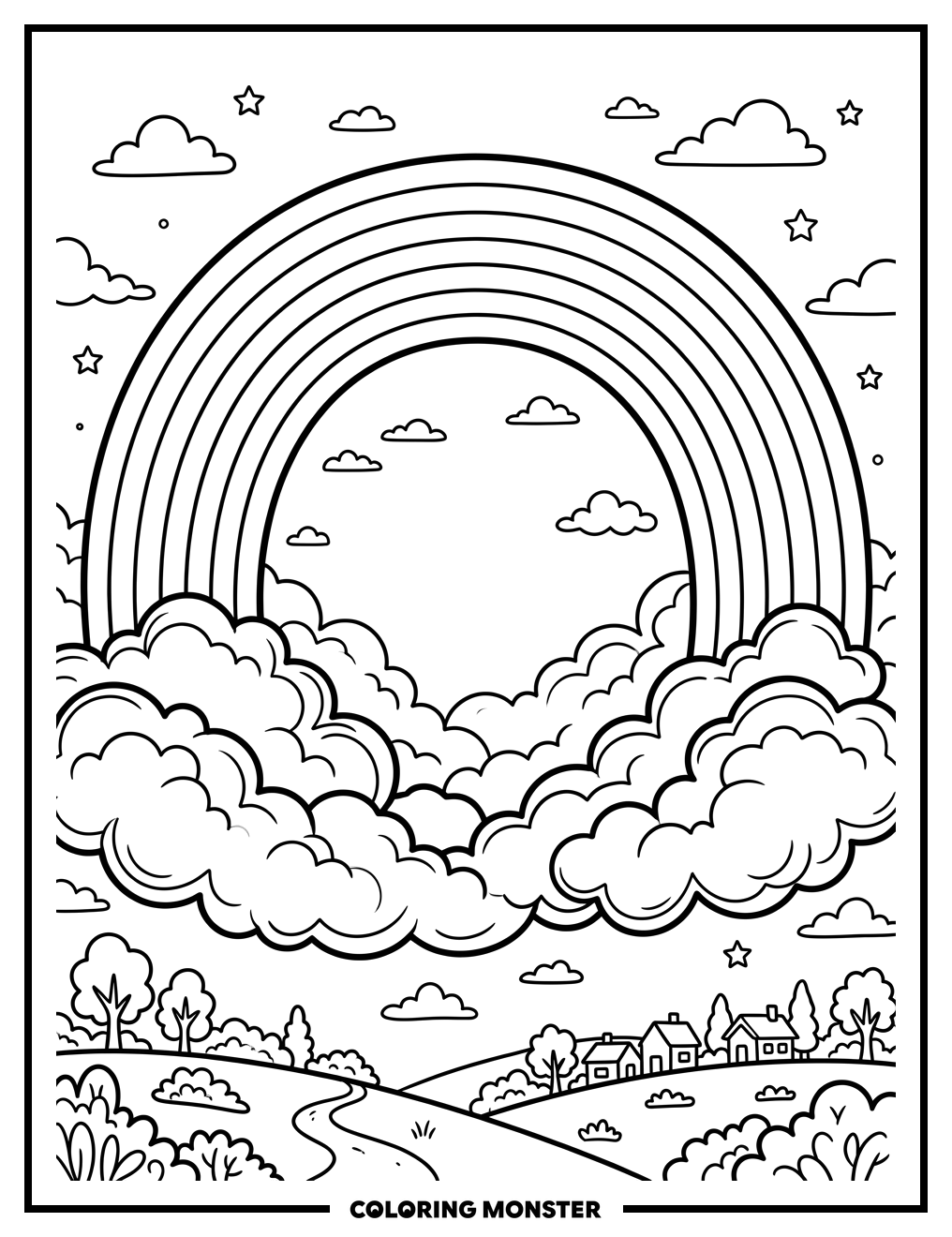 Rainbow Arch With Fluffy Clouds Coloring Page
