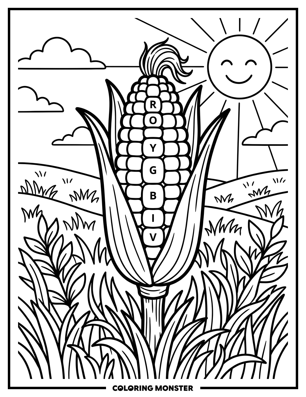 Rainbow Corn Cob Coloring Page