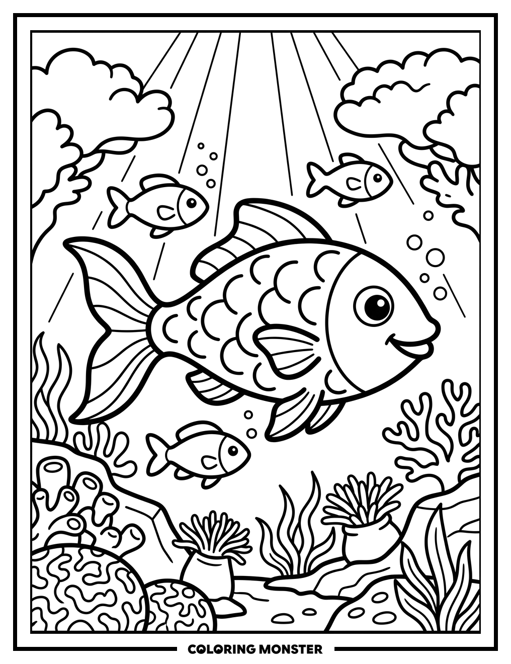 Rainbow Fish in Coral Reef Coloring Page