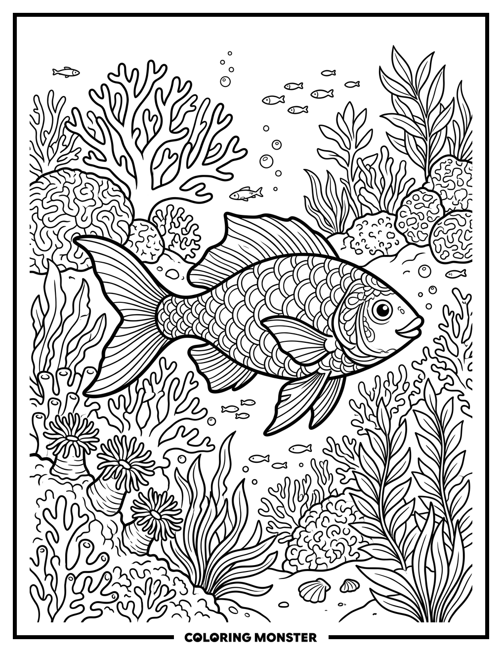 Rainbow Fish In Coral Reef Coloring Page