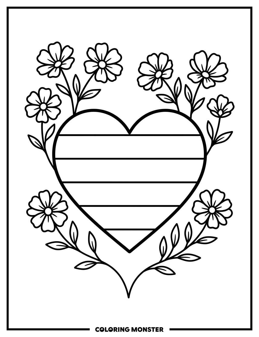 Rainbow Heart with Flowers Coloring Page