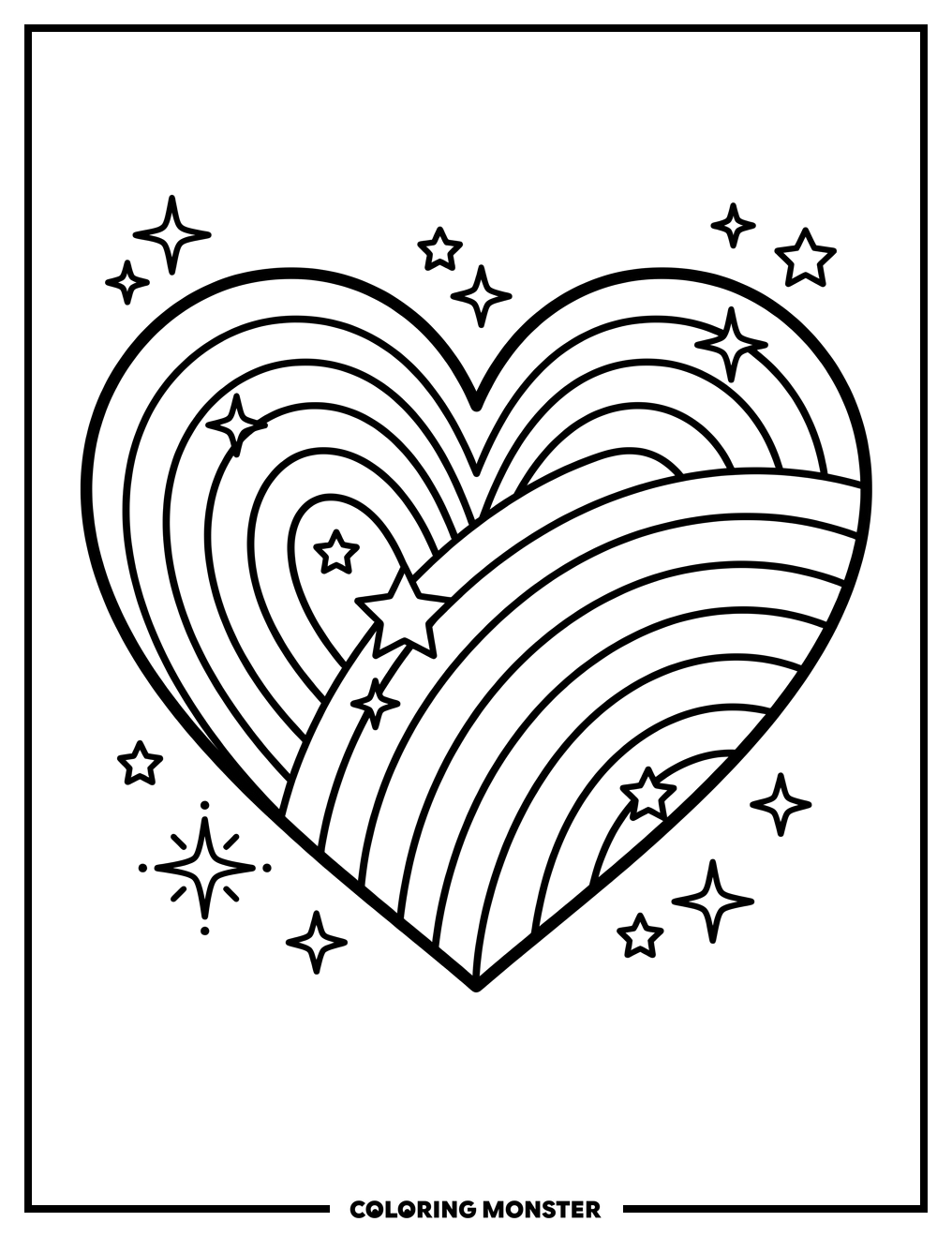 Rainbow Heart With Stars Coloring Page