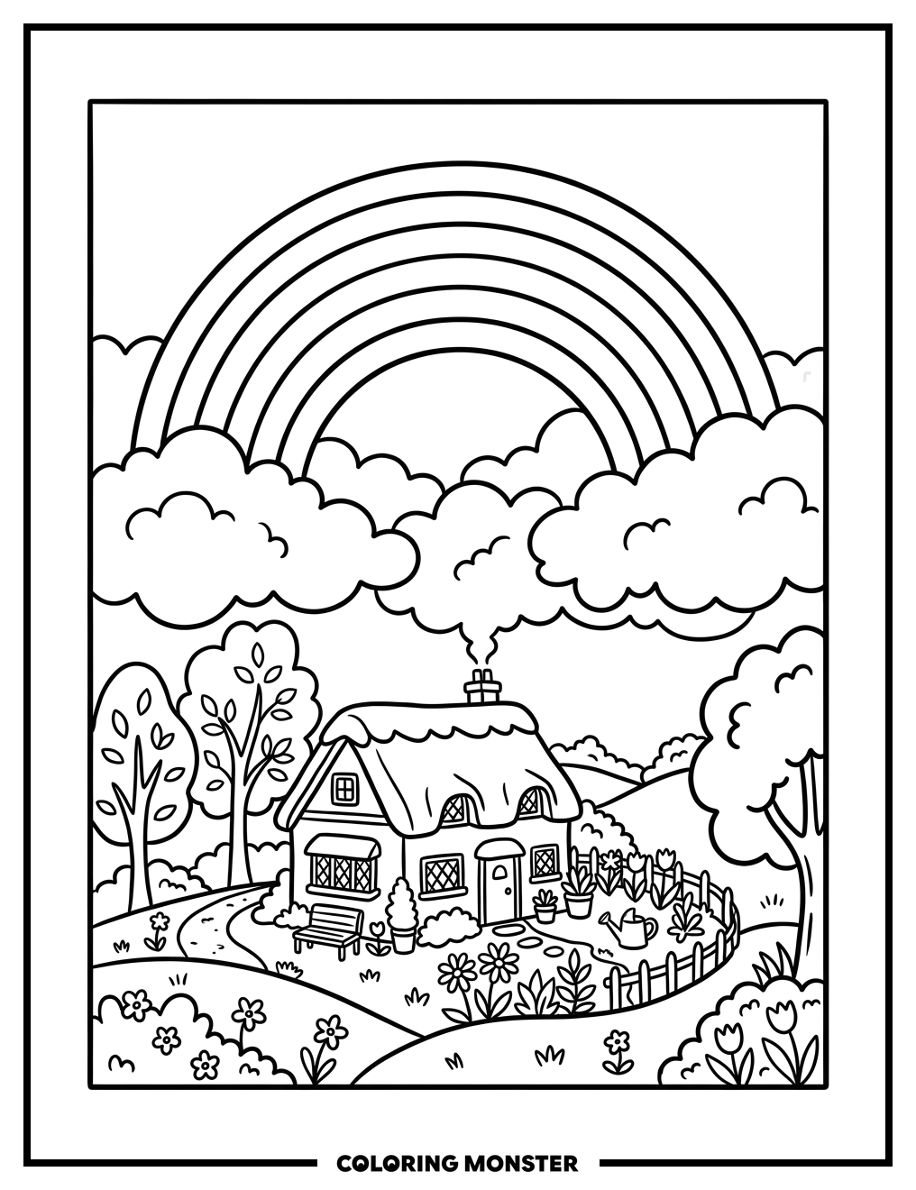 Rainbow Over Fluffy Clouds Coloring Page