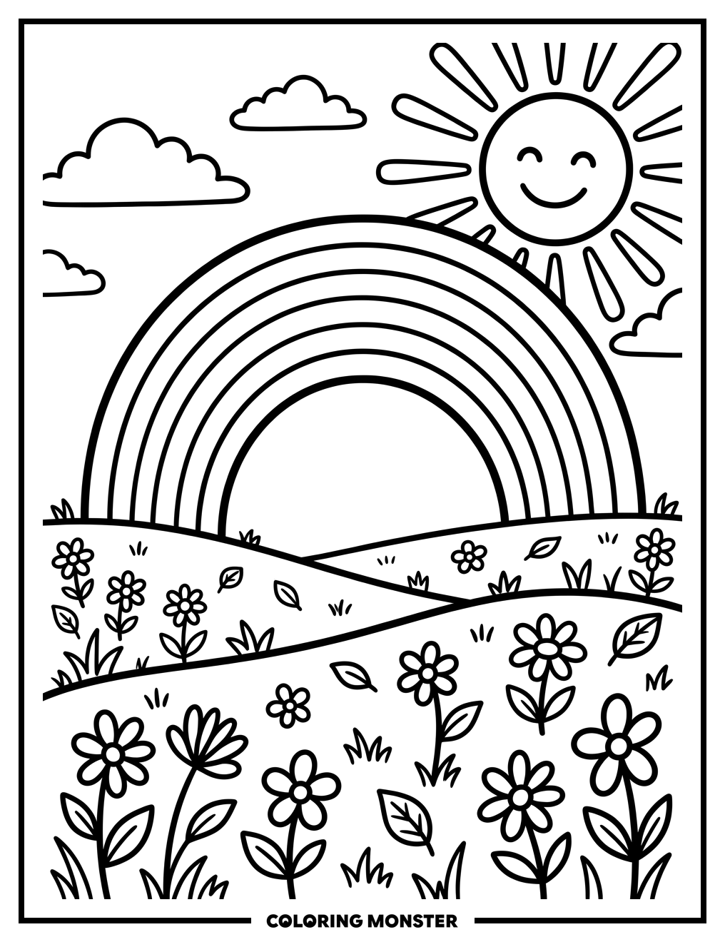 Rainbow Over Grassy Field Coloring Page