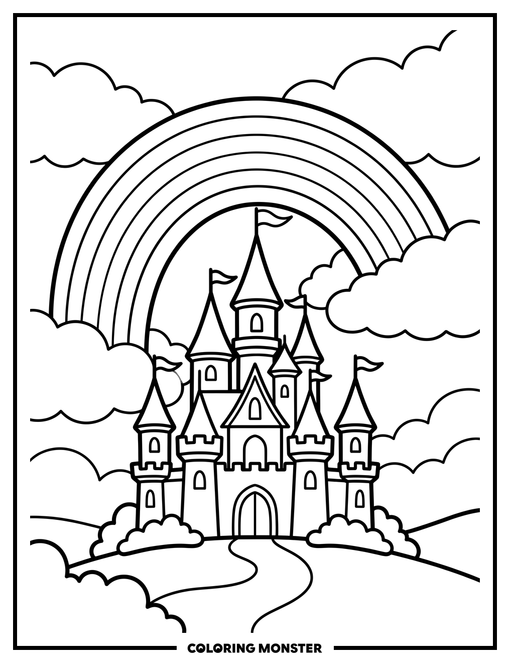 Rainbow Over Whimsical Castle Coloring Page
