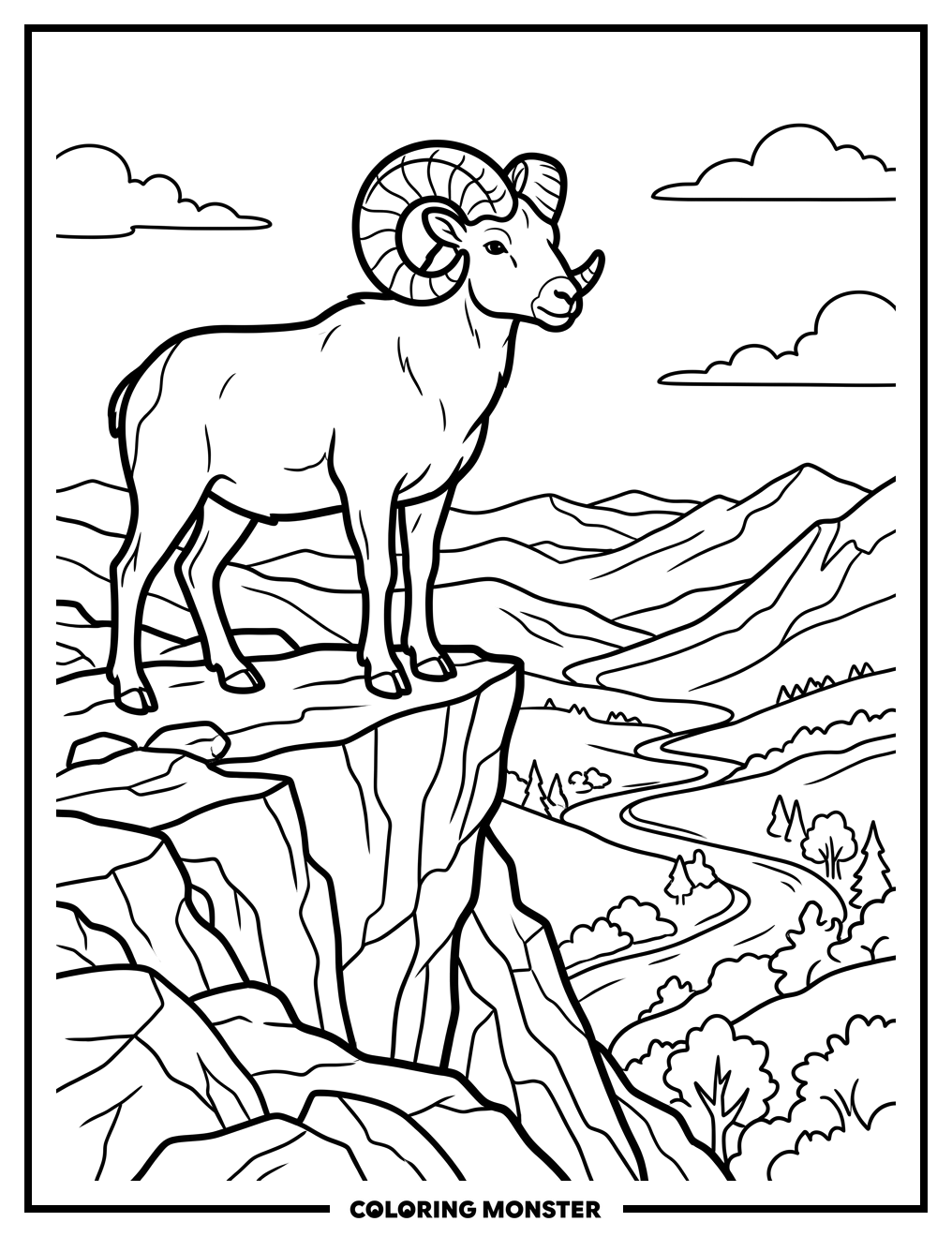 Ram on Rocky Cliff Coloring Page