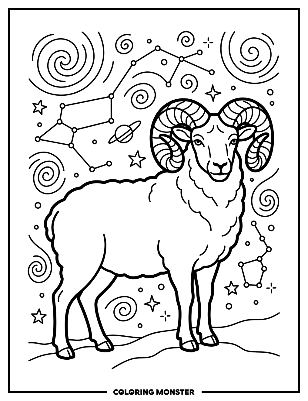 Ram Under Starry Night Sky Coloring Page