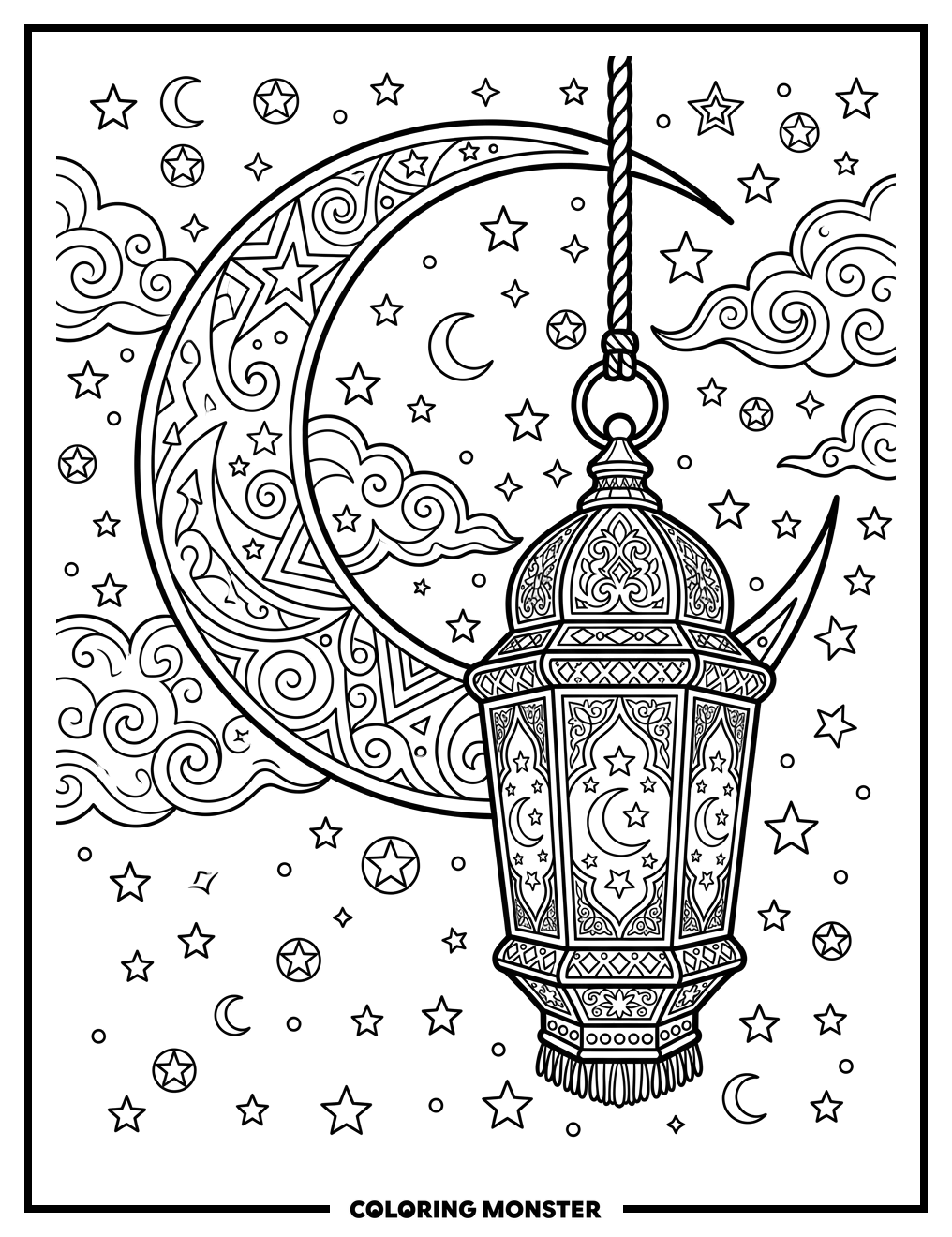 Ramadan Lantern and Crescent Moon Coloring Page
