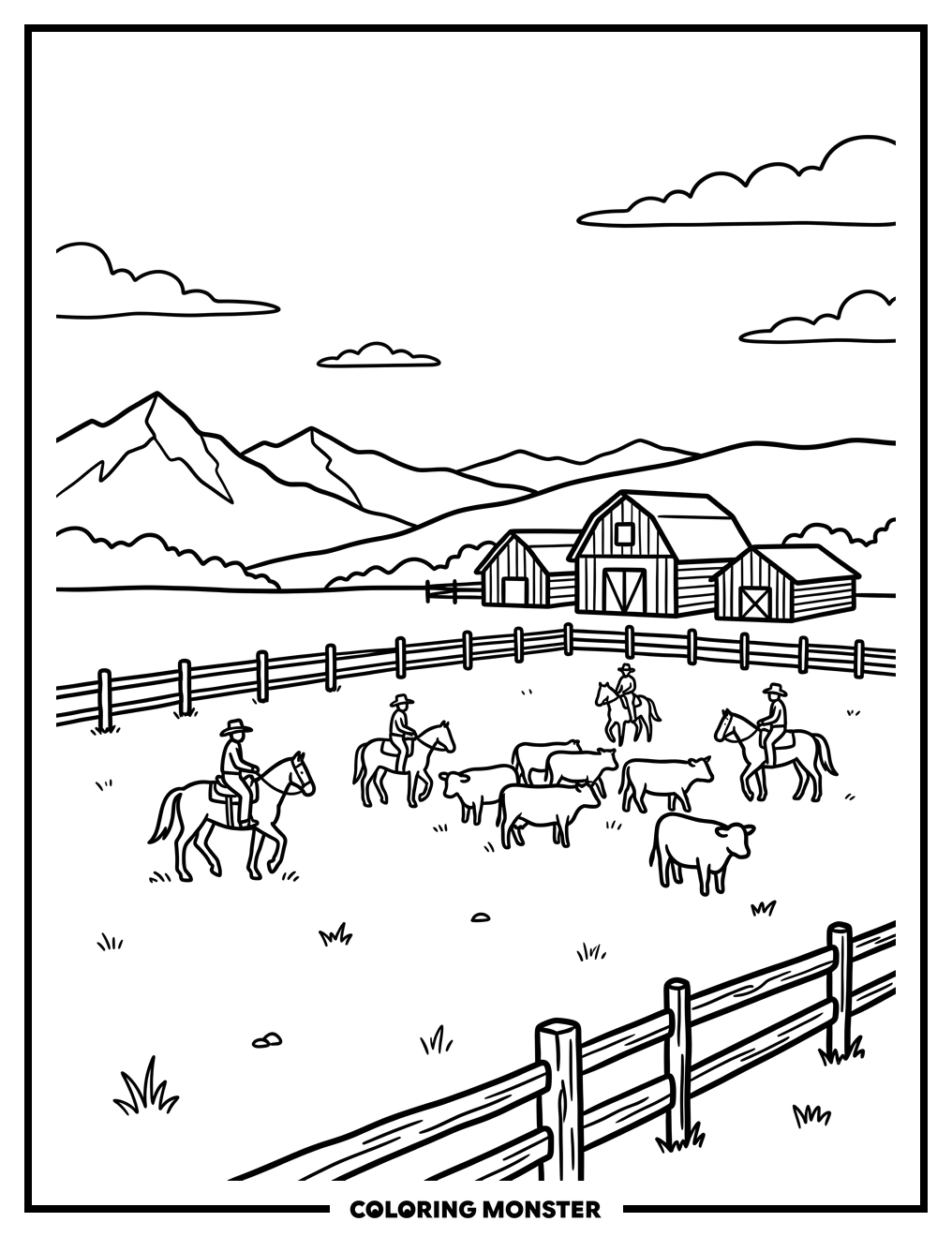 Ranch Scene With Cowboys And Mountains Coloring Page