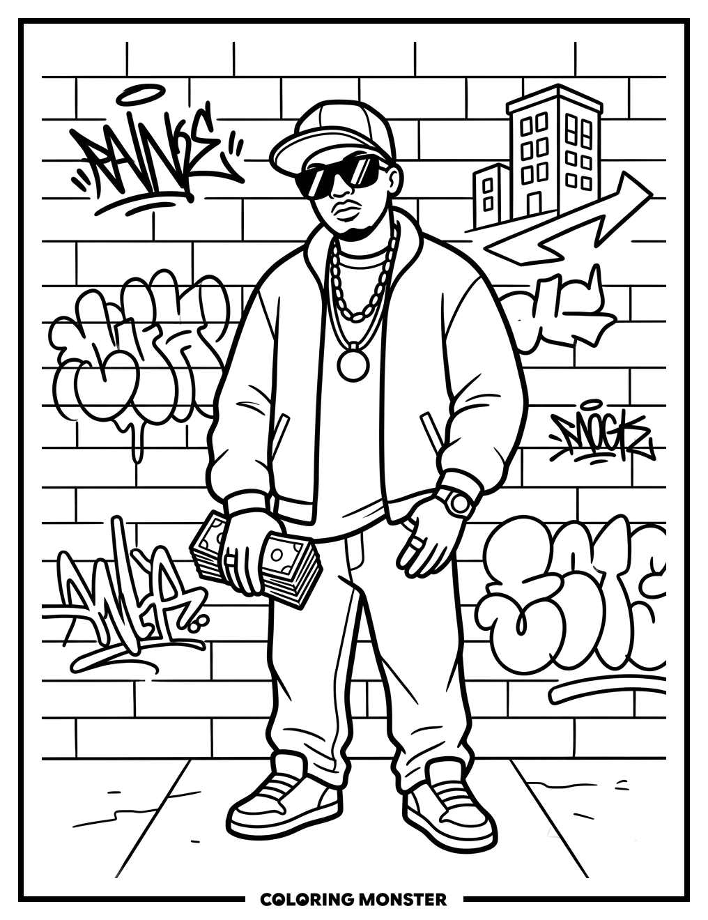 Rapper with Cash and Sunglasses Coloring Page