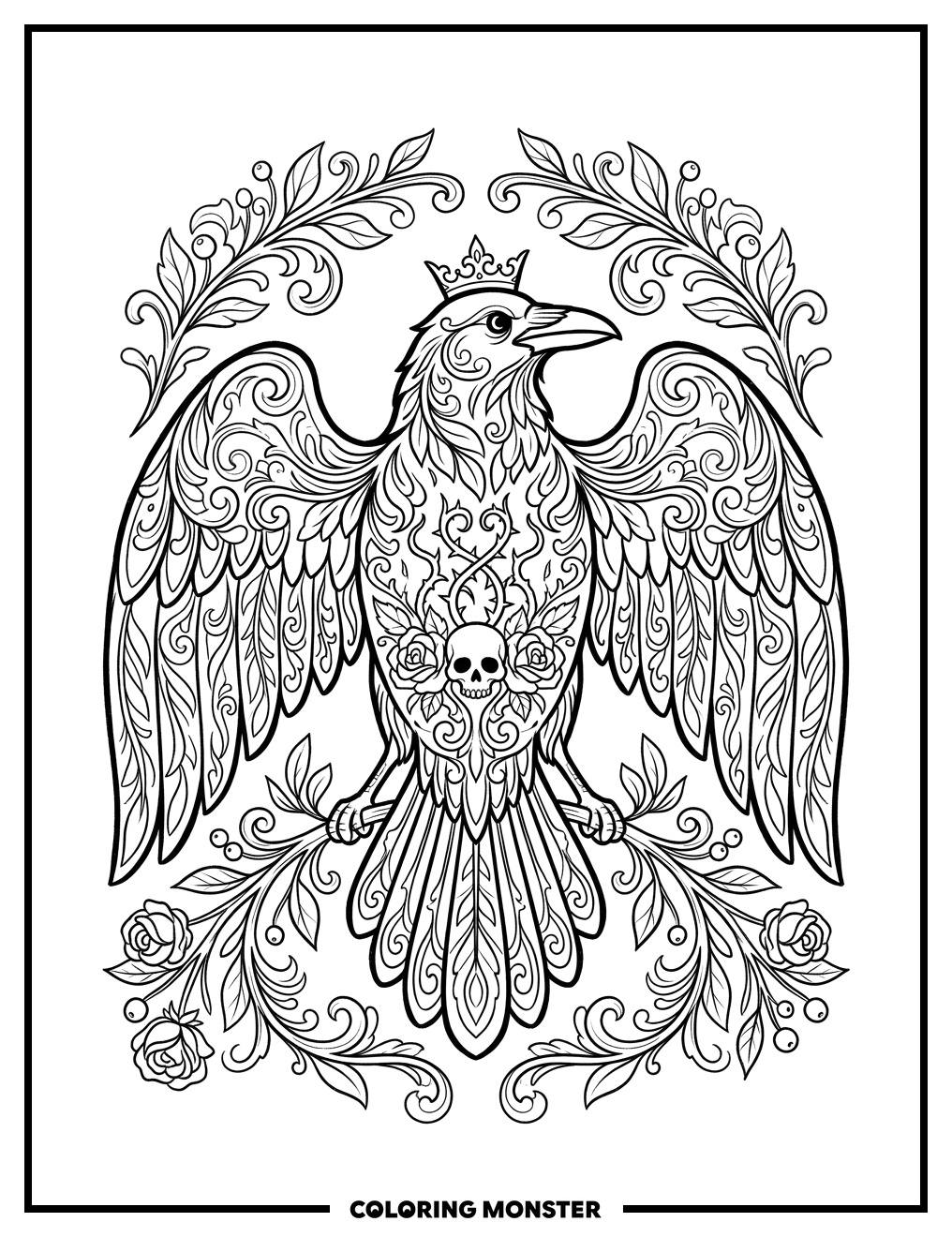 Raven Adorned with Floral Filigree Coloring Page