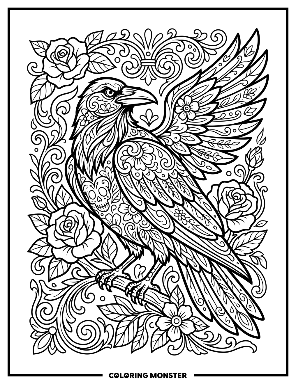 Raven With Ornamental Flourishes Coloring Page