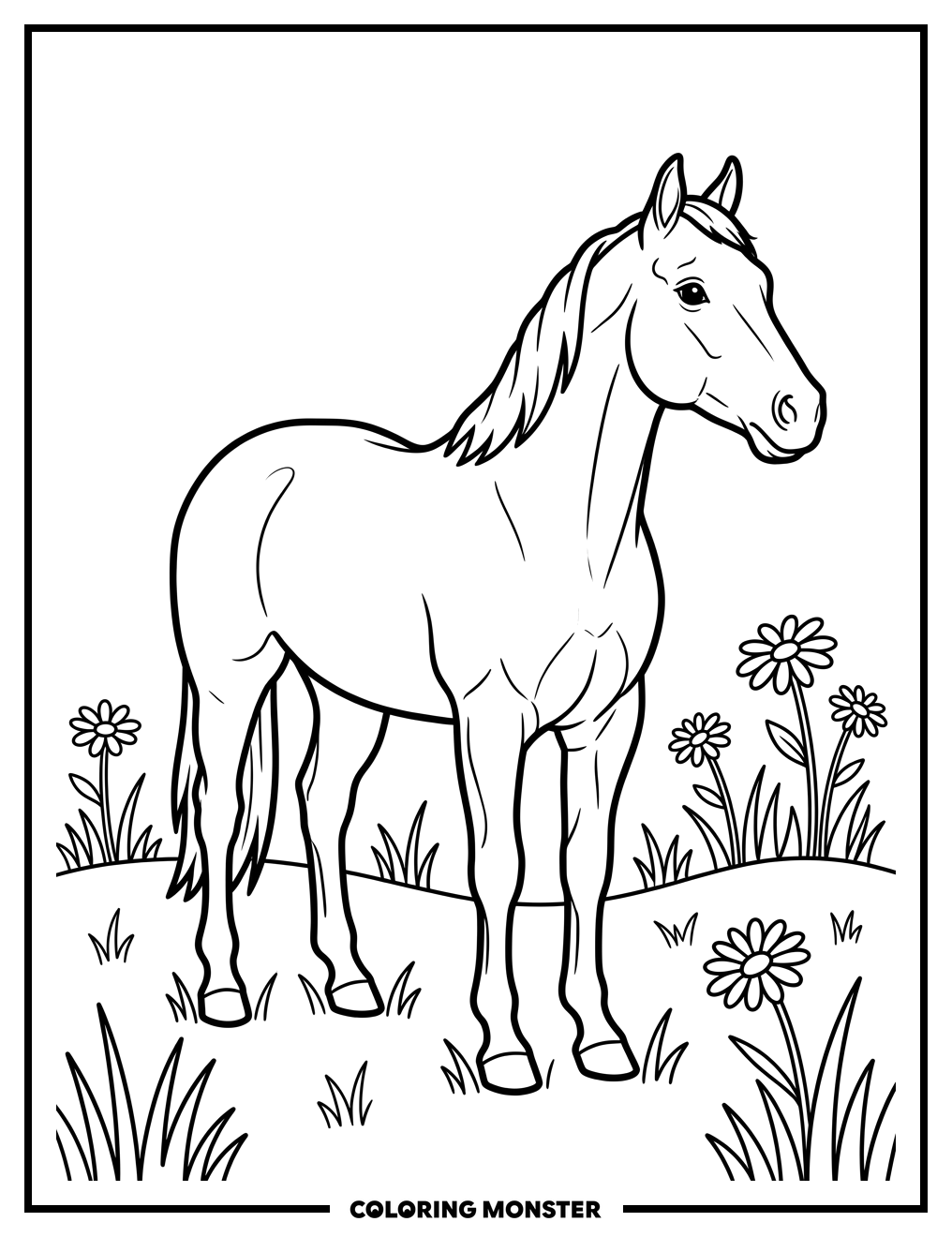 Realistic Horse in Grassy Field Coloring Page