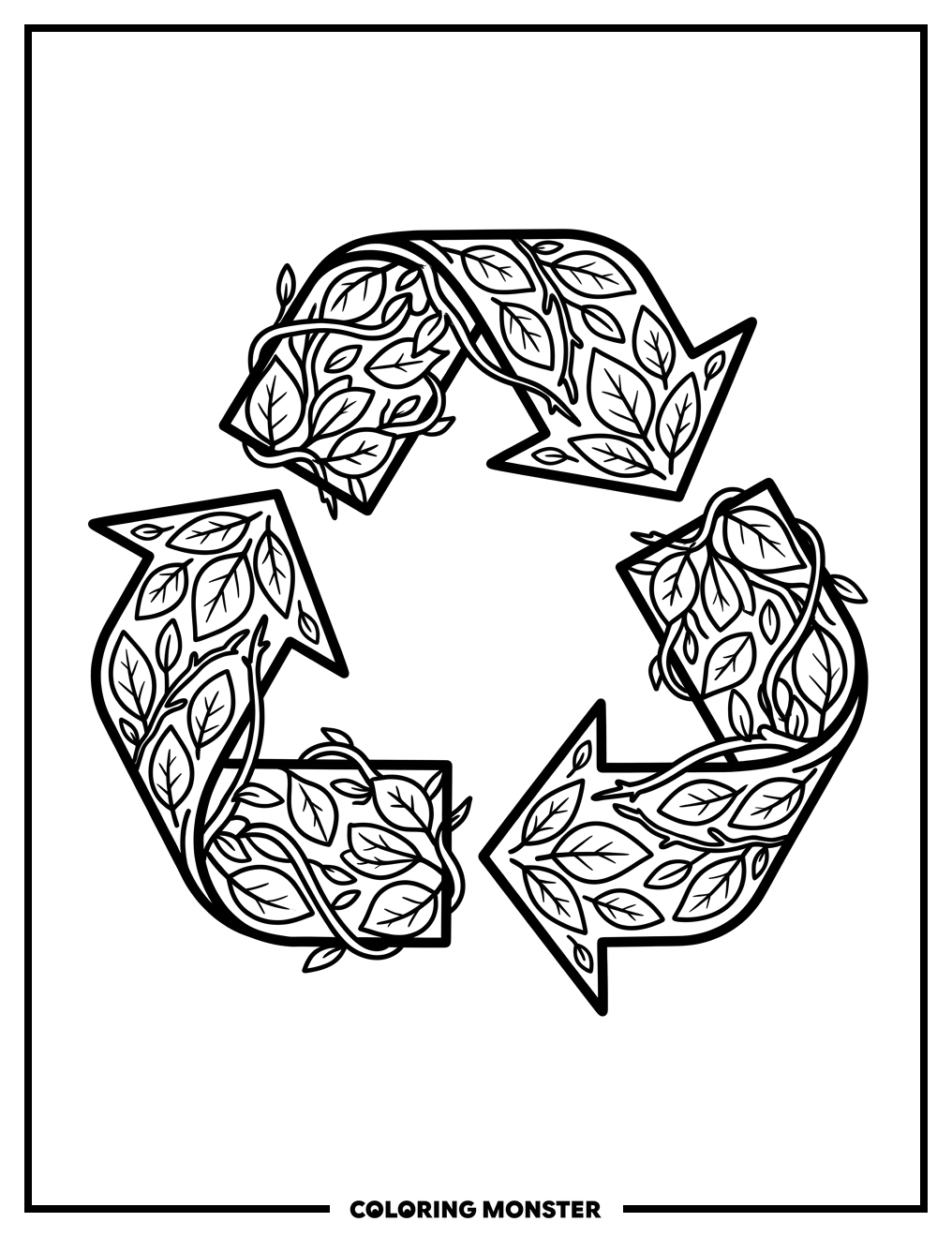 Recycling Symbol Of Green Leaves Coloring Page