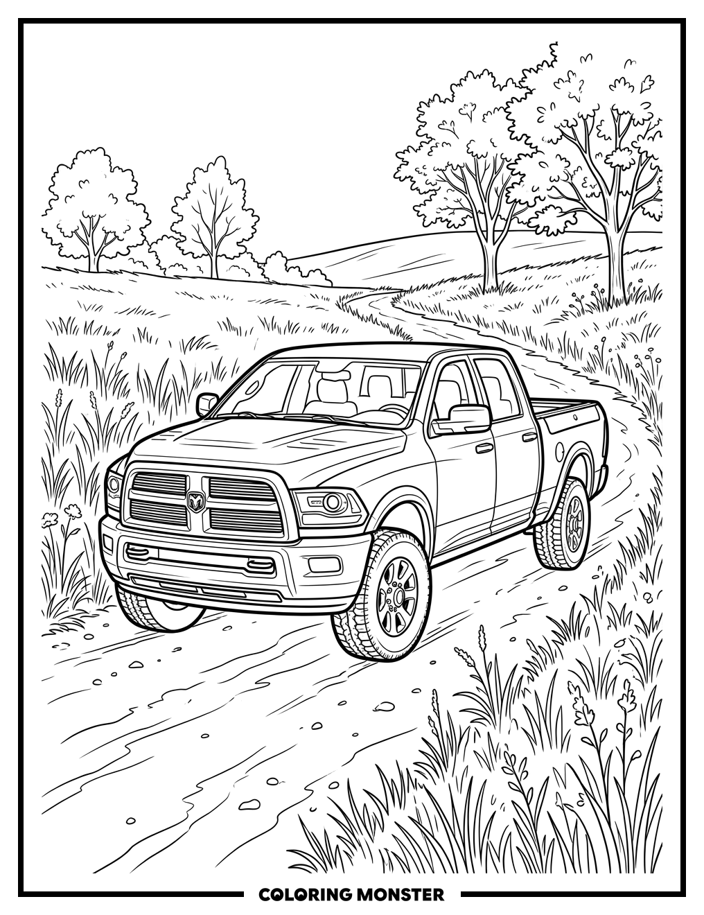 Red Dodge Ram Truck on Dirt Road Coloring Page