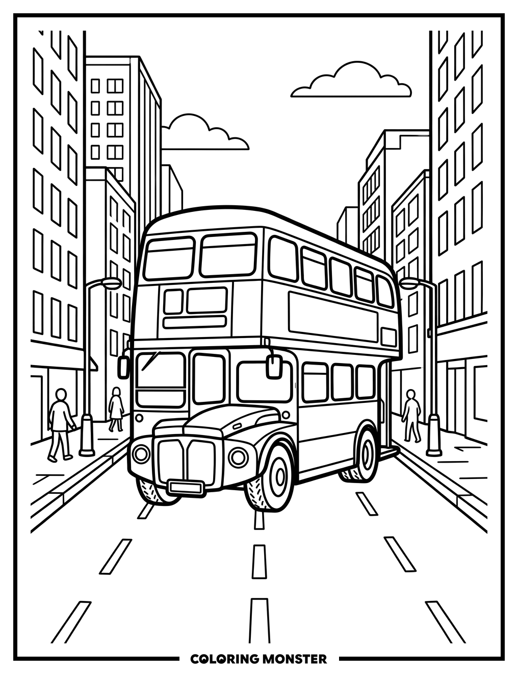 Red Double Decker Bus In City Coloring Page