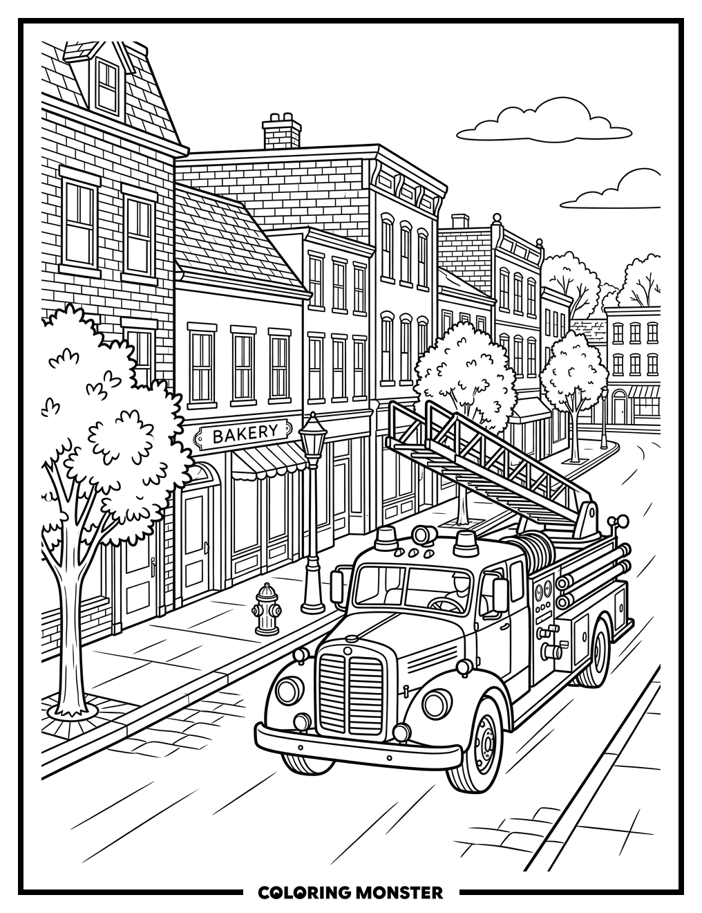 Red Fire Truck on Town Street Coloring Page