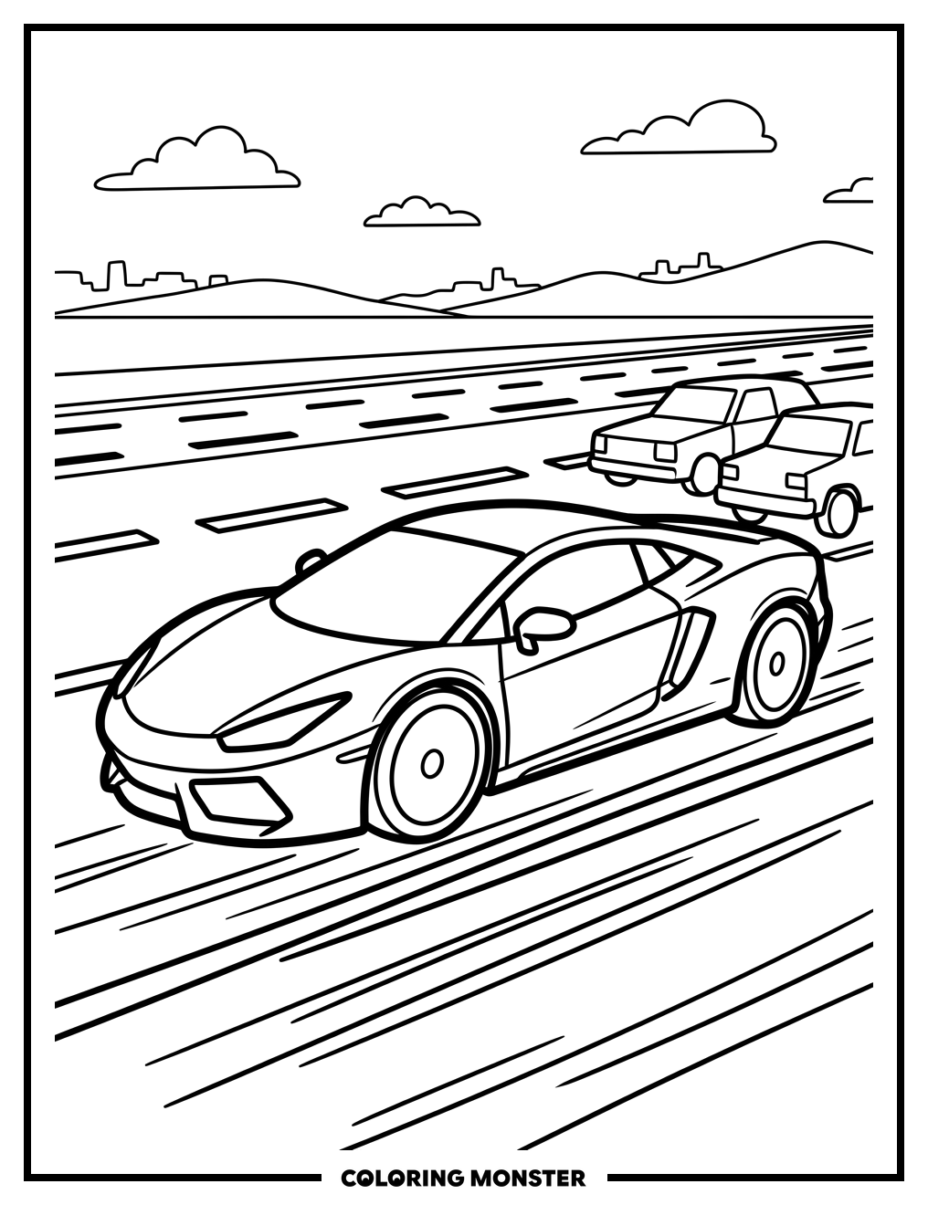 Red Sports Car on Highway Coloring Page