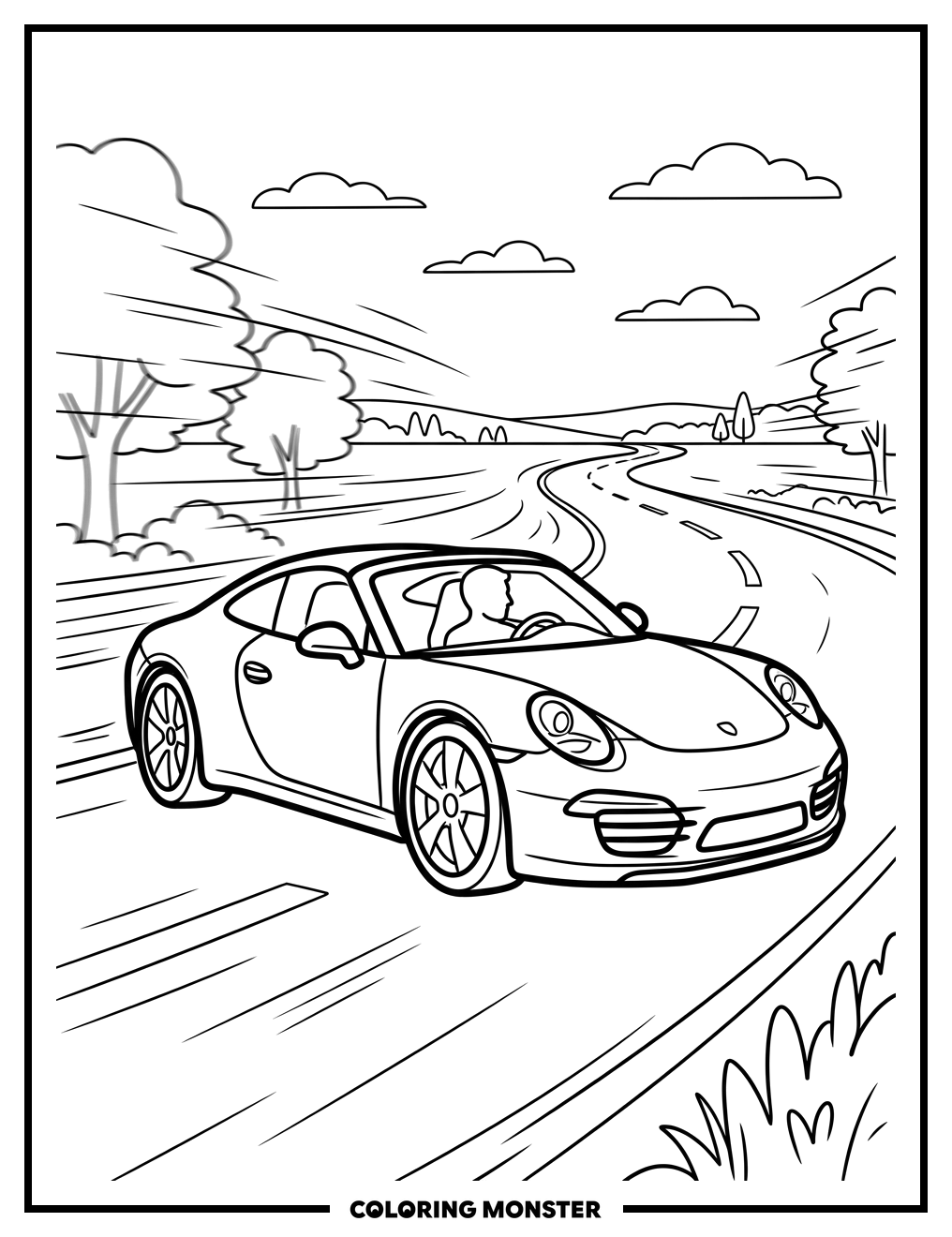 Red Sports Car on Sunny Road Coloring Page