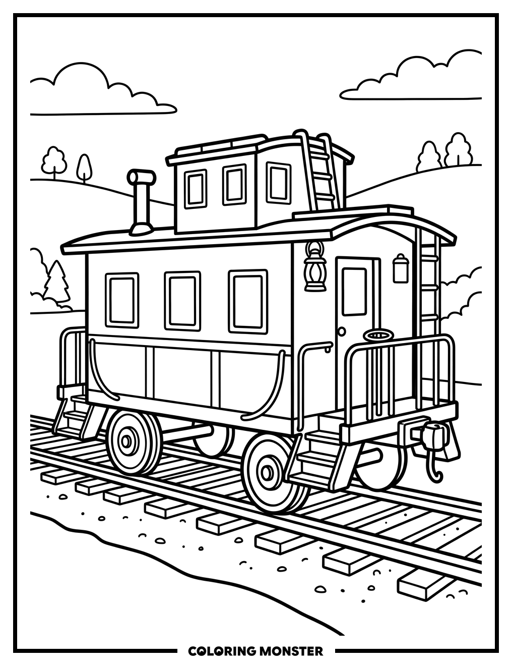 Red Steam Caboose on Tracks Coloring Page