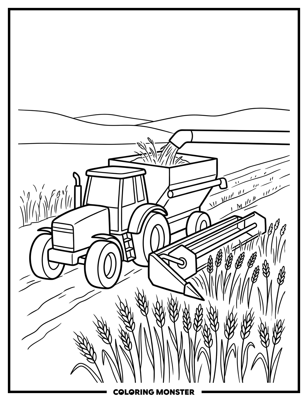 Red Tractor Harvesting Wheat Field Coloring Page