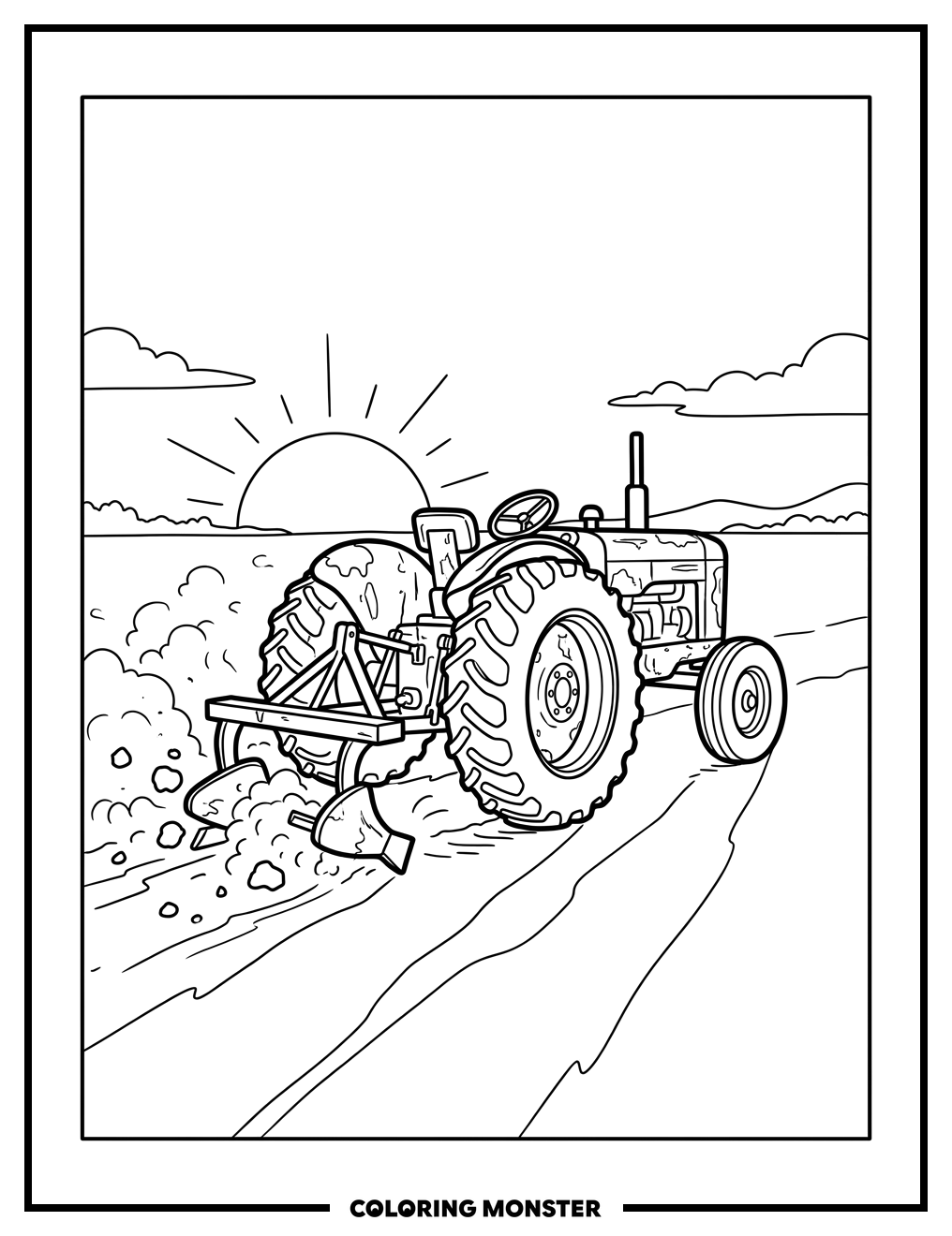 Red Tractor Plowing a Field Coloring Page