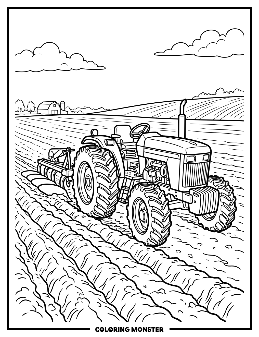 Red Tractor Plowing a Field Coloring Page
