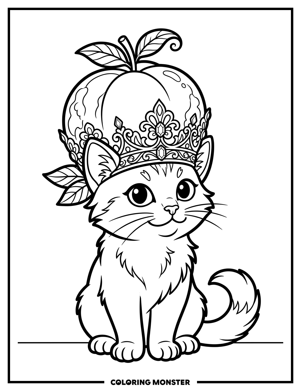 Regal Cat with Peach Crown Coloring Page