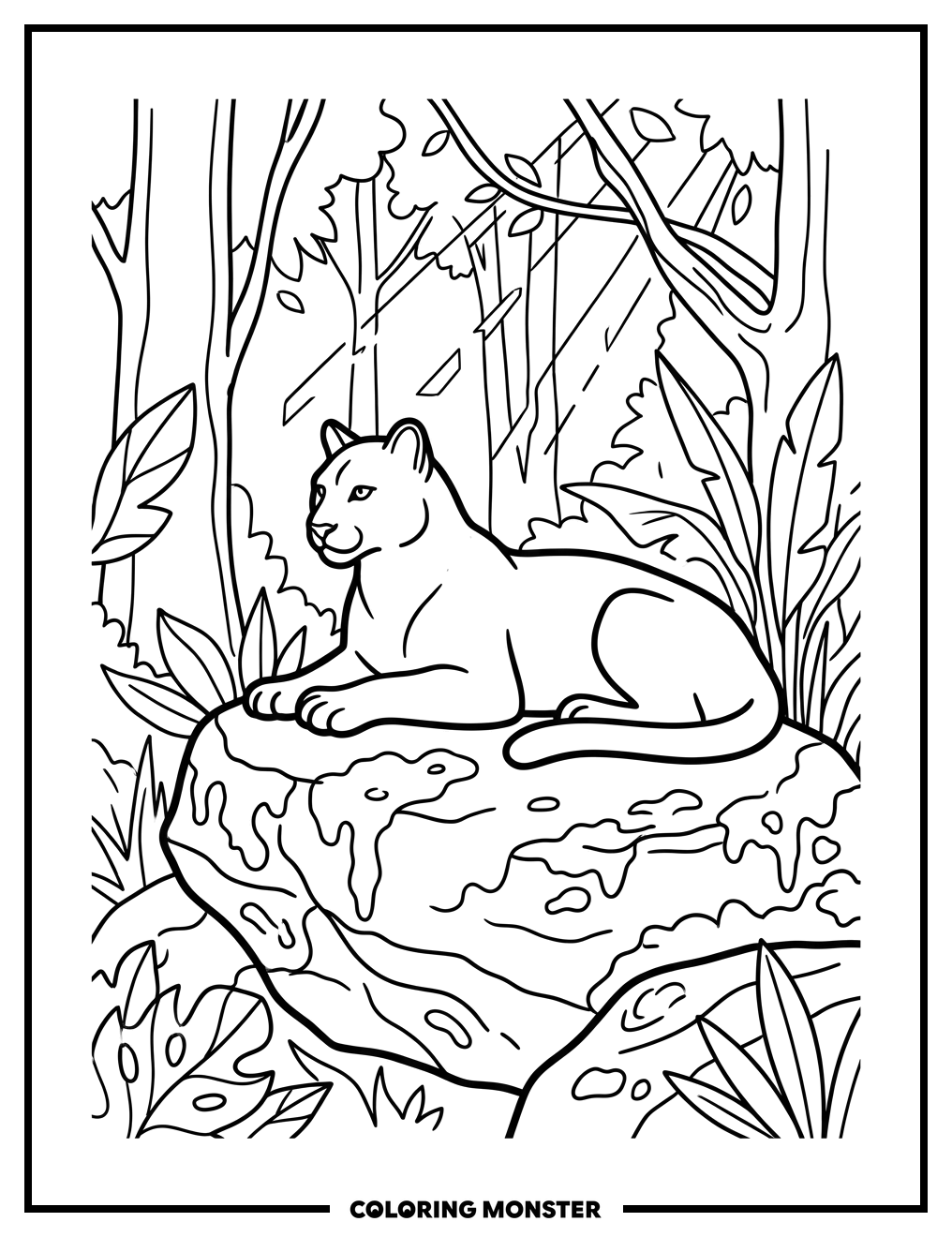 Regal Cougar on Mossy Rock Coloring Page