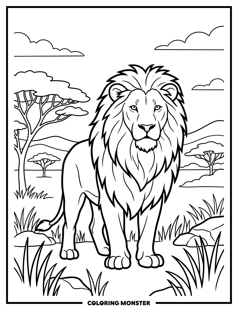 Regal Lion in the Savanna Coloring Page