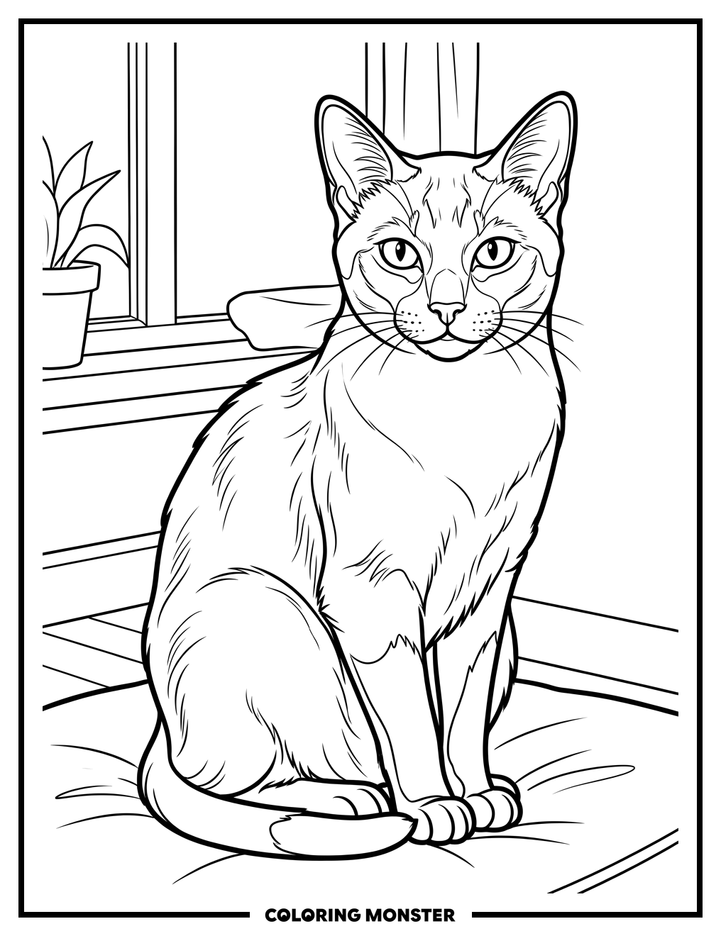 Regal Siamese Cat Sits Patiently Coloring Page