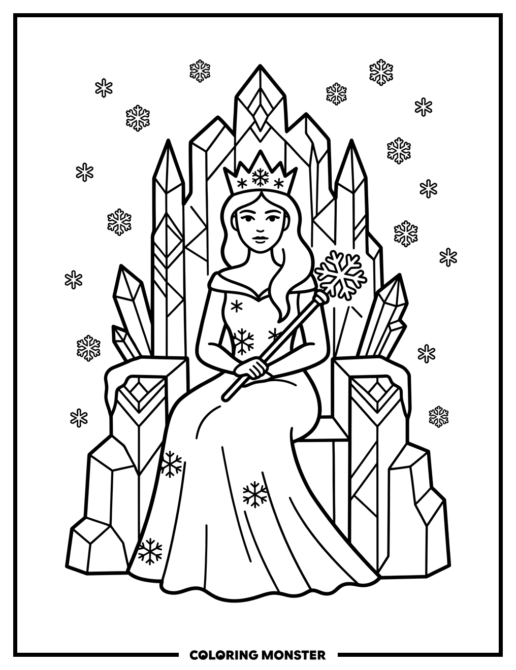 Regal Snow Queen on Ice Throne Coloring Page