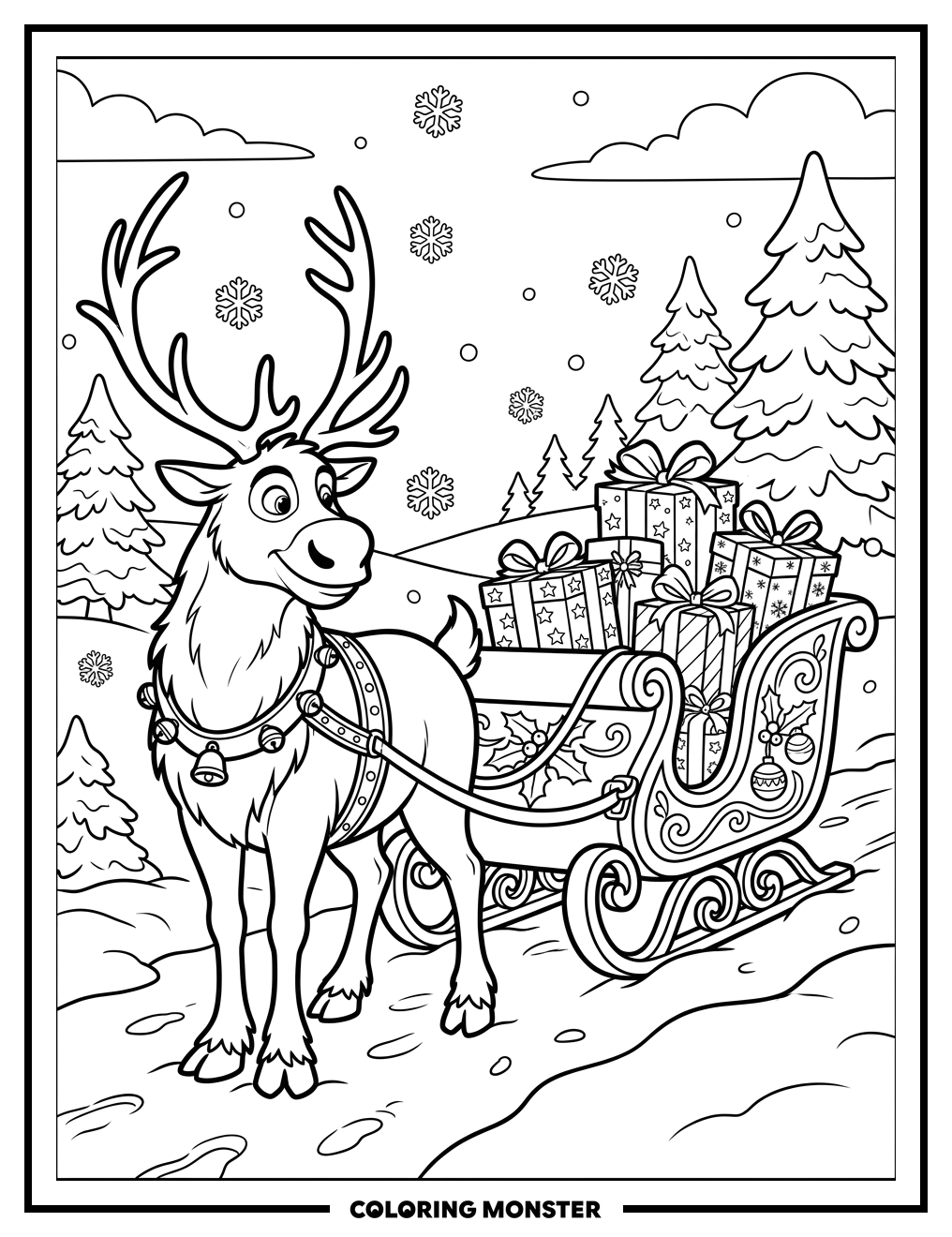 Reindeer and Sleigh Laden With Gifts Coloring Page